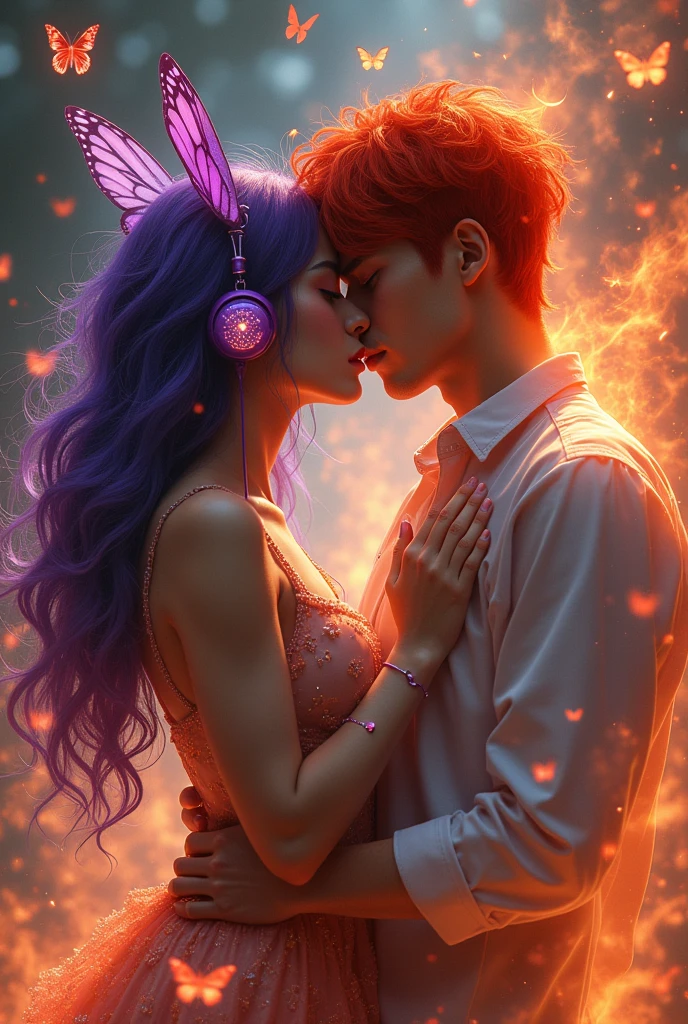 Korean purple haired butterfly woman with headphones and transparent clothes and hell boy demon boyfriend all on fire handsome young boyfriend Korean woman Korean purple haired butterfly woman with headphones and hell boy name instead of flames but she protected by butterflies and seeing the picture of a handsome man in shiny transparent white clothes