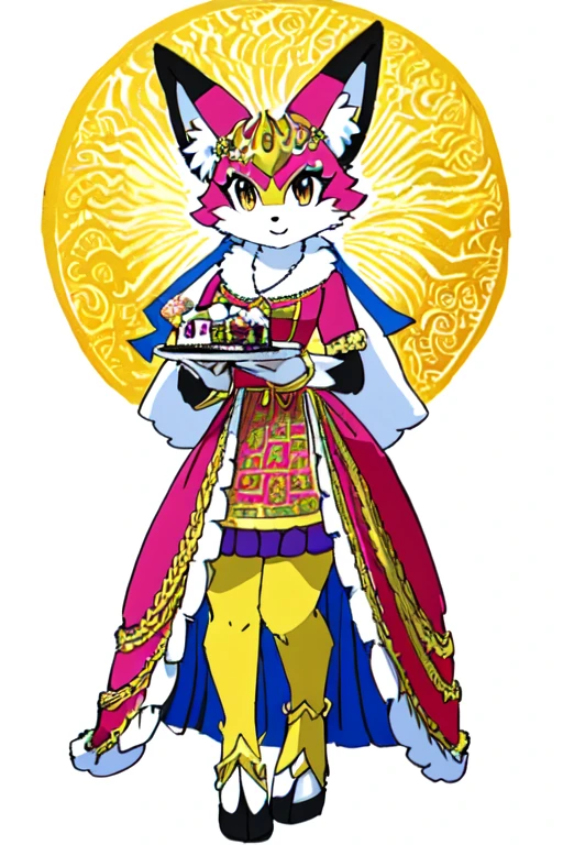 drawing of a girl with a cake in her hand, in a fancy dress, traditional art, in a fancy elaborate dress, wearing a fancy dress, colored drawing, full color drawing, professional furry drawing, inspired by Leiko Ikemura, full body with costume, costume desig, anthropomorphic!!, female fursona sara pokemon sun and moon fursuit style