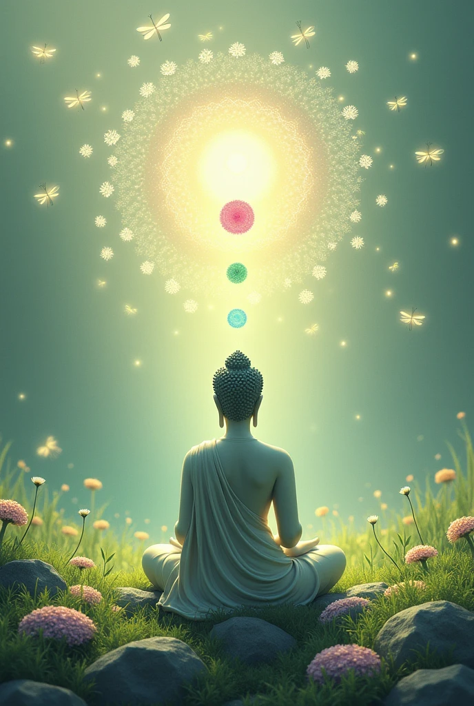 Une image zen . Couleur principal vert rose violet . Avec des fleurs de  pissenlit qui volent . Et Les 7 chakras .  Bouddha plan principal.  Relaxation et des libellules 