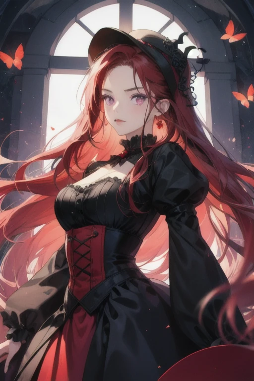Cold girl, wearing gothic dress, red butterflies, very long red hair, purple eyes, One Piece girl