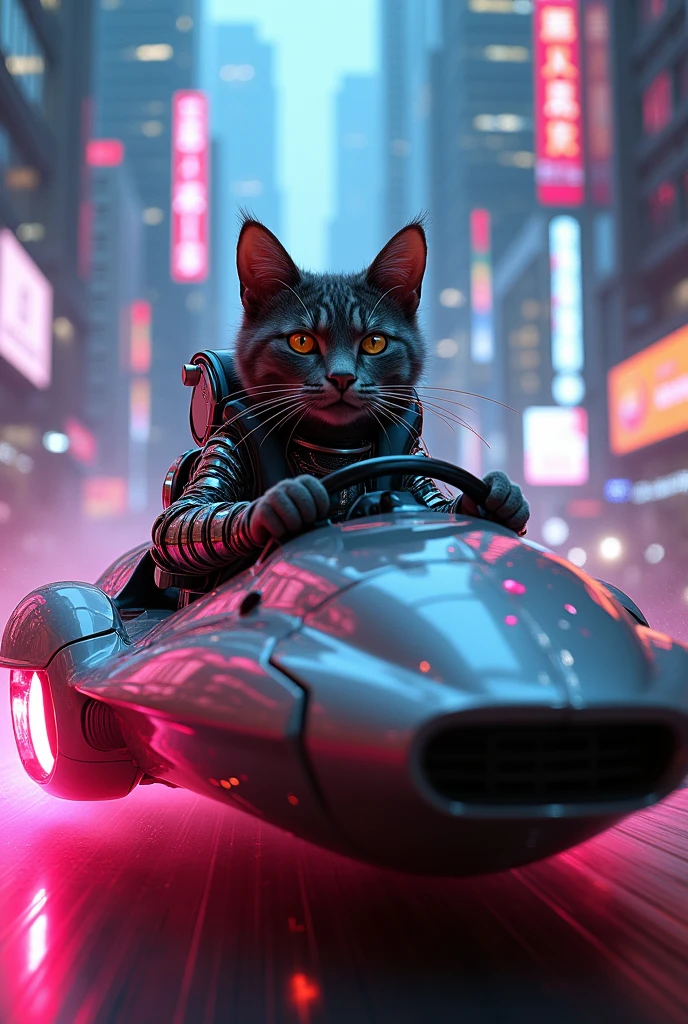 A cat drives a cyberpunk style car at speed