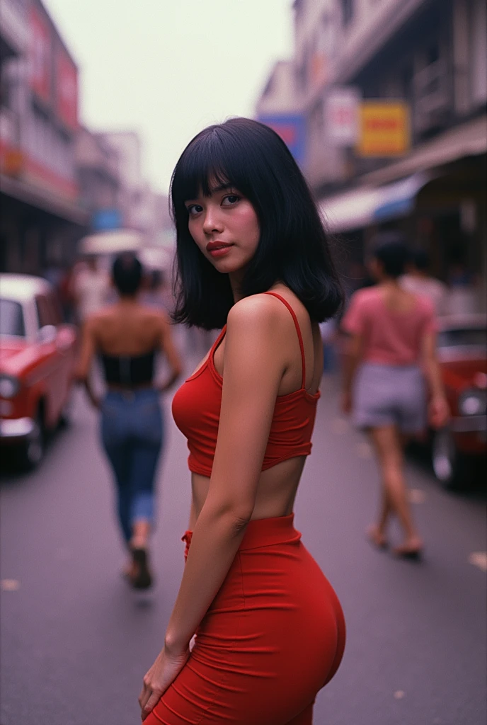 Some photographs circa 1982, street photo in Bandung city, full body shot, a woman with shoulder length black hair, wearing sexy clothes from 1982, showing all body, Photograph from pockets camera, Kodak colour, Purpleish, face looking to viewer, white skin, full body photos,