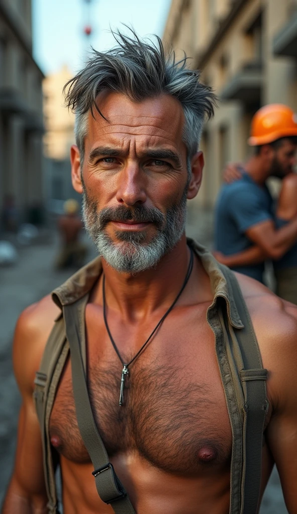 masterpiece, best quality, high resolution, closeup portrait, male focus, solo focus, A man, 40 years old, with construction worker uniform, unbuttoned work clothes, construction worker, silver grey hair, messy hairstyle, hairy armpit, cute and seductive face, bare chest, body hair, facial hair, roman nose, very skinny body, hairy legs, dimples, beard, bold jawline , in the background a construction site, two men love touch romantic, kneeling, two men passionately hug, sweaty, sunburnt, orange safety vest, attractive, view from below, amazing composition, front view, HDR, ultra quality, elegant, highly detailed