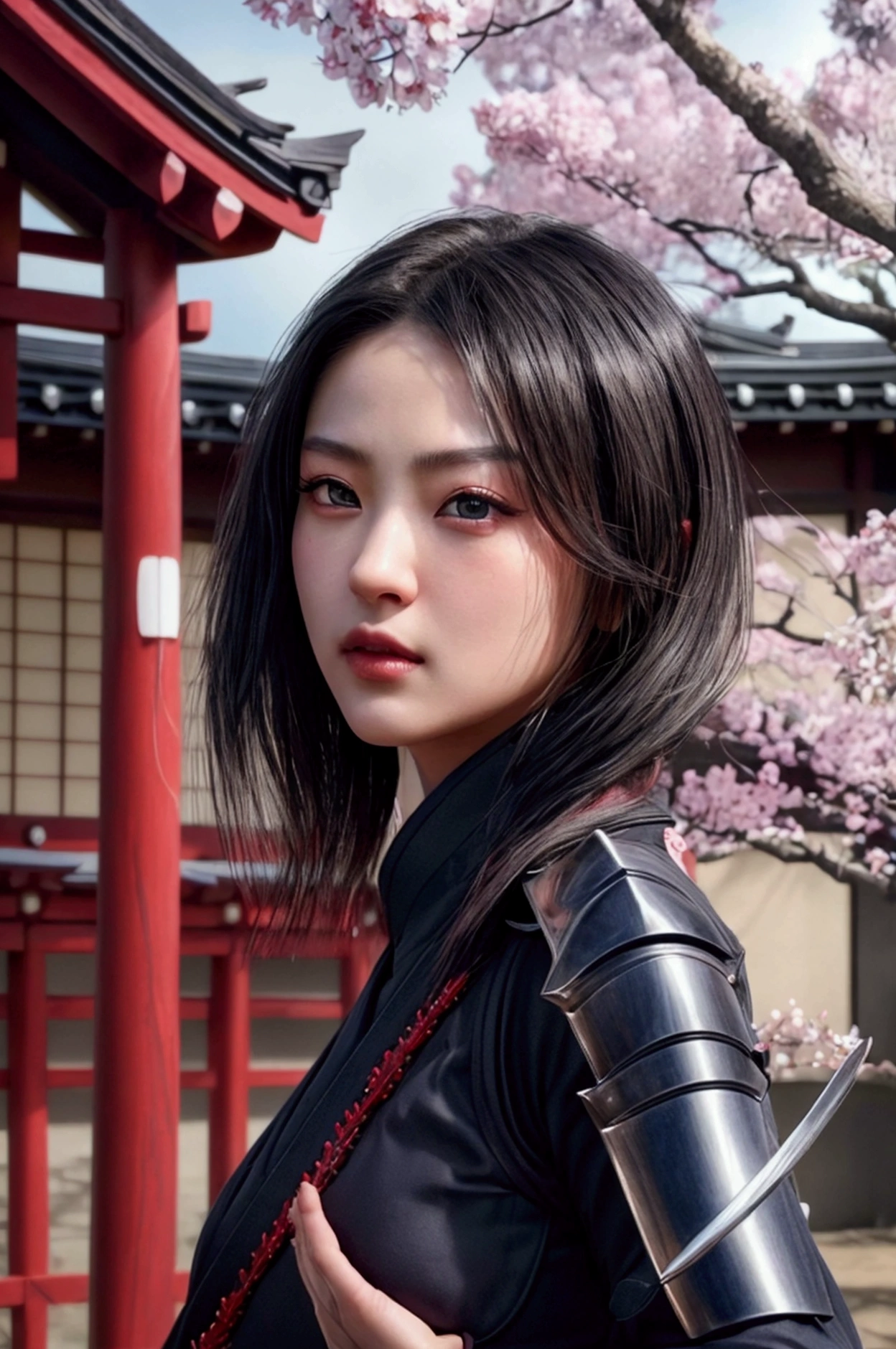 beautiful detailed eyes, beautiful detailed lips, extremely detailed eyes and face, longeyelashes, japanese ninja woman, kunoichi, detailed weapon, katana, shuriken, traditional japanese armor, samurai, detailed background, traditional japanese temple, cherry blossoms, cinematic lighting, dramatic lighting, muted colors, moody atmosphere, (best quality,4k,8k,highres,masterpiece:1.2),ultra-detailed,(realistic,photorealistic,photo-realistic:1.37)