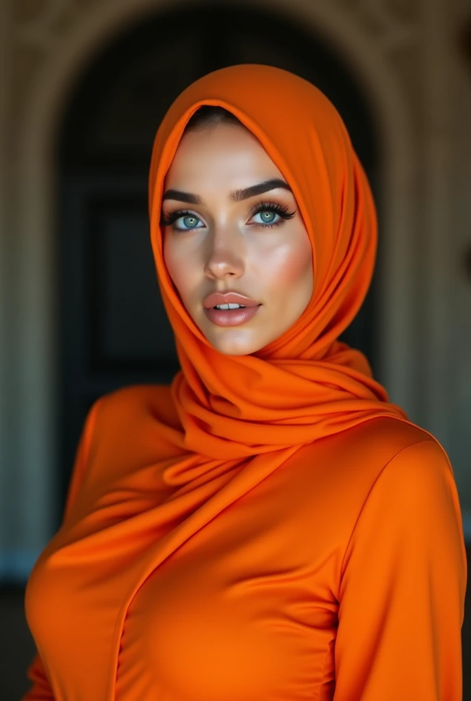 Orange hijab girl with very bright face and beutiful eyes with blue colour and long eye liner and big breast size and nipples are showing blurry 