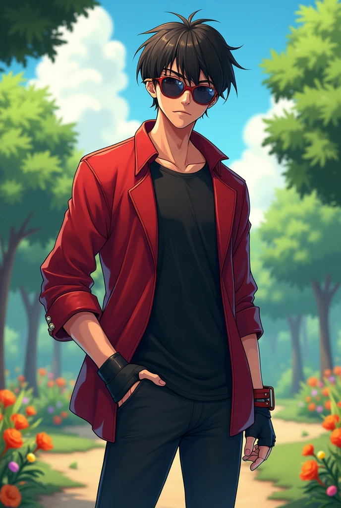 Character Image: Lucas de Dragon is an ung man with light brown skin. He has a scar on his left eye resembling a scratch, and his bangs are styled to the right. Lucas is wearing a black T-shirt, a long-sleeve red jacket, black pants, red shoes, and sunglasses. He also wears fingerless gloves. His expression is calm and enigmatic.
Background: The cover background features a sunny and beautiful park. The park includes green trees, a light blue sky with a few white clouds, and colorf