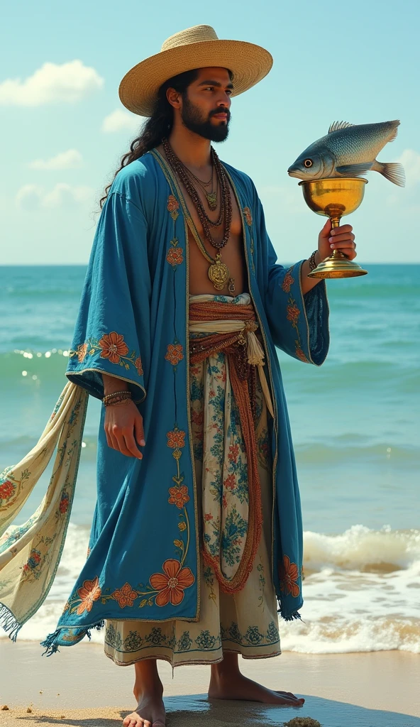 In the context of a barbaric Sumeria, land of sorcery and formidable warriors, it shows a young man standing, holding a golden cup in his right hand. Surprisingly, a fish pokes its head out of the cup, looking at the young man.Clothing: The young man is dressed in a blue tunic decorated with flowers and wears a bohemian hat with a long scarf falling to one side. His attire is elegant and colorful, symbolizing creativity and artistic expression.Background:The young man stands on the seashore, with gentle waves behind him. The sky is clear, suggesting clarity and emotional openness. The image represents the Page of cups from traditional tarot, but in the context of a land of Sumerian barbarians. It is important that it is hyper-realistic and meets the aesthetics of Sumerian barbarians.