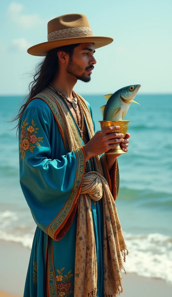 In the context of a barbaric Sumeria, land of sorcery and formidable warriors, it shows a young man standing, holding a golden cup in his right hand. Surprisingly, a fish pokes its head out of the cup, looking at the young man.Clothing: The young man is dressed in a blue tunic decorated with flowers and wears a bohemian hat with a long scarf falling to one side. His attire is elegant and colorful, symbolizing creativity and artistic expression.Background:The young man stands on the seashore, with gentle waves behind him. The sky is clear, suggesting clarity and emotional openness. The image represents the Page of cups from traditional tarot, but in the context of a land of Sumerian barbarians. It is important that it is hyper-realistic and meets the aesthetics of Sumerian barbarians.