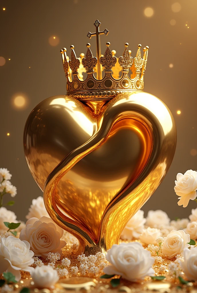 A 3D melted gold twisted heart with a glamorous big crown in the corner of the heart.., with white peony flowers and gypsophila , a thin cross protruding from the side