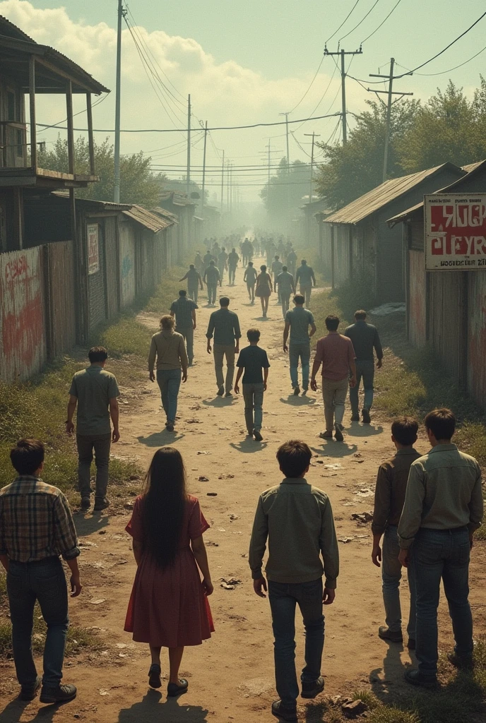 A realistic image of a group of people searching for missing persons in a vacant lot 