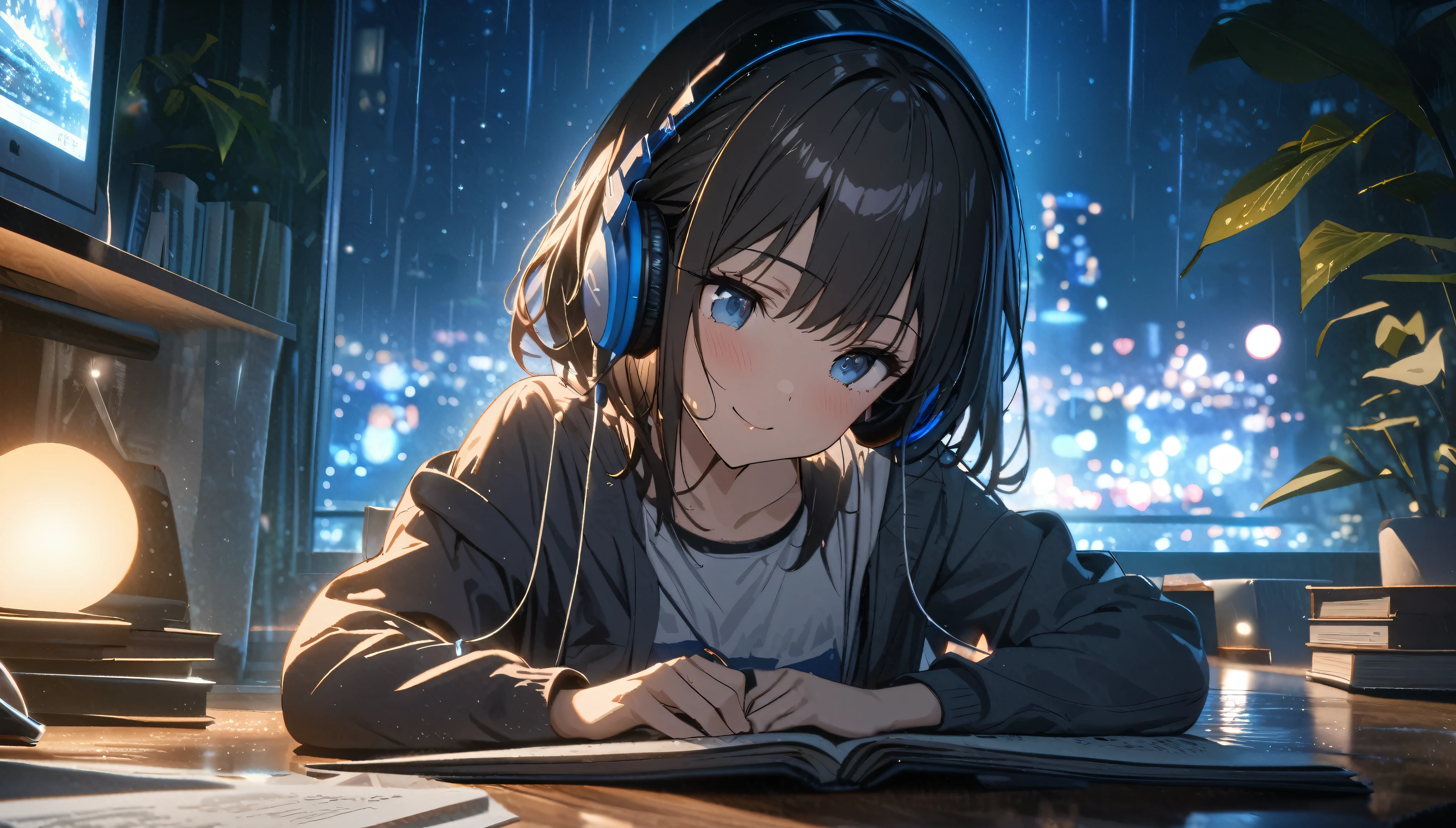 one girl, black short hair and bob hair, I tied my hair in a bun with a hair clip..、smile、beautiful blue eyes, gentle smile on her face、flat chest, one Beautiful girl,((masterpiece, illustration, best quality) ((ultra-detailed)),rainy night, a girl studying while listening to music with headphones, the night view is very beautiful with beautiful candle on her table. there are plants in the background, a beautiful night view with books and plants in the background with coffee on the desk,, 濃い青とBeautiful Blueのグラデーション, High resolution, 8K HD detail, hyper-detail, cinematic, surrealism, soft light, deep field focus bokeh, ray tracing and surrealism. --v6