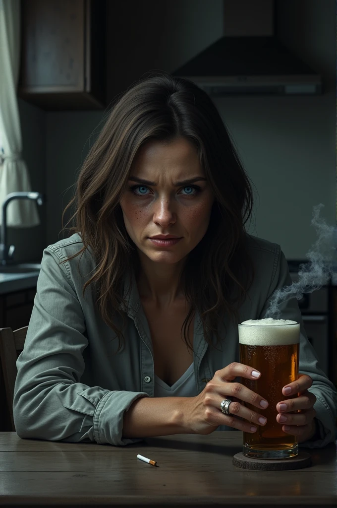 Realistic drawing of a 40 year old woman, of Brown hair, blue eyes, on a dark table in the kitchen of his dark house, sitting in a dark chair, with a beer and a cigarette in his hands, with dark circles and worn out, all dark