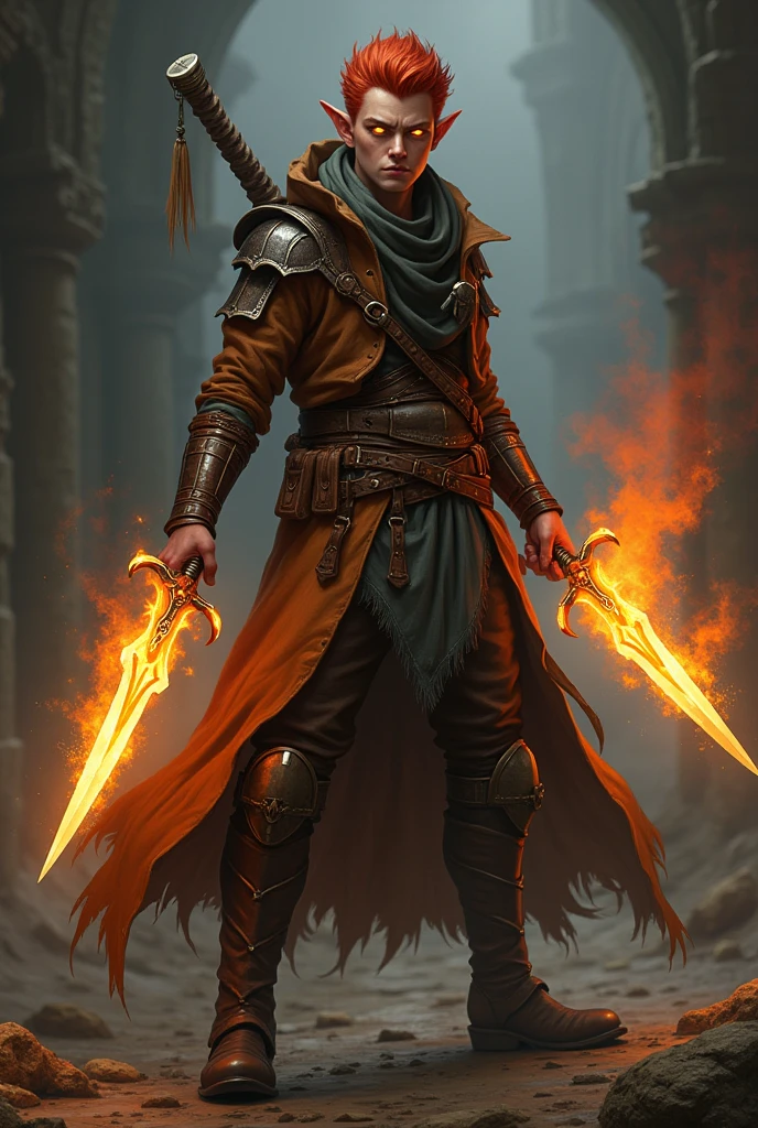 Personagem de d&d, half-elf rogue with short red hair and 1,51 tall, using two flaming daggers in his hands