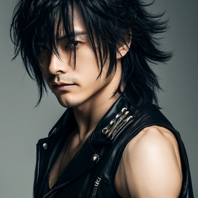 1 Japanese male rocker, Asian eyes, muscular, broad shoulders, hairstyle Visual Kei style, hair Visual Kei, black rocker clothing, ultra detailed face, hyperrealistic, realistic representation, 40 years old, age 40 years, black and bonde hair, long hair