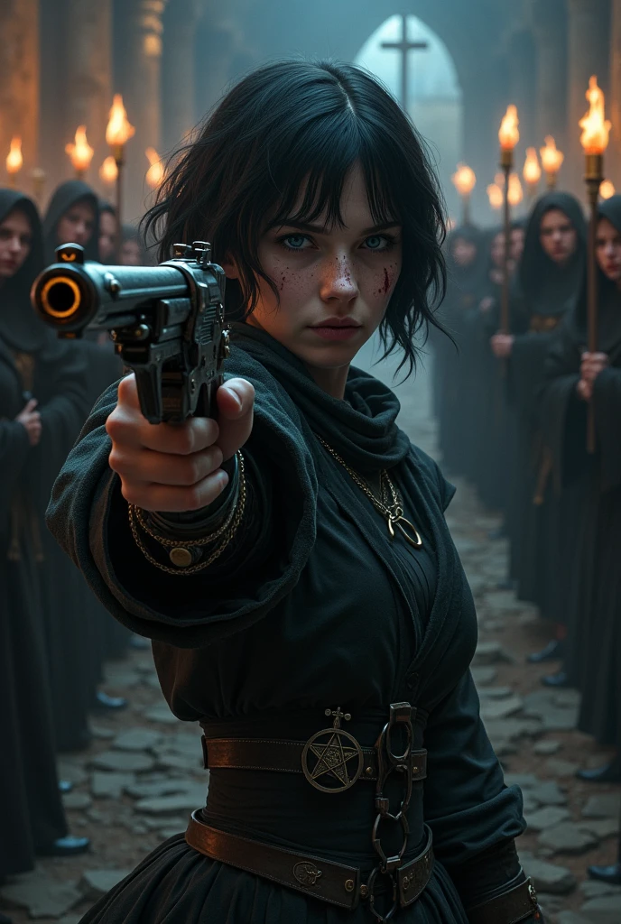 Pale girl with short black hair, From the Middle Ages, realisitic, blue colored eyes, dark clothes with detailed steampunk robotic arm prosthesis, holding a flintlock pistol with a pentagram symbol, cut on the face, the night, in the background an angry religious group with fire behind