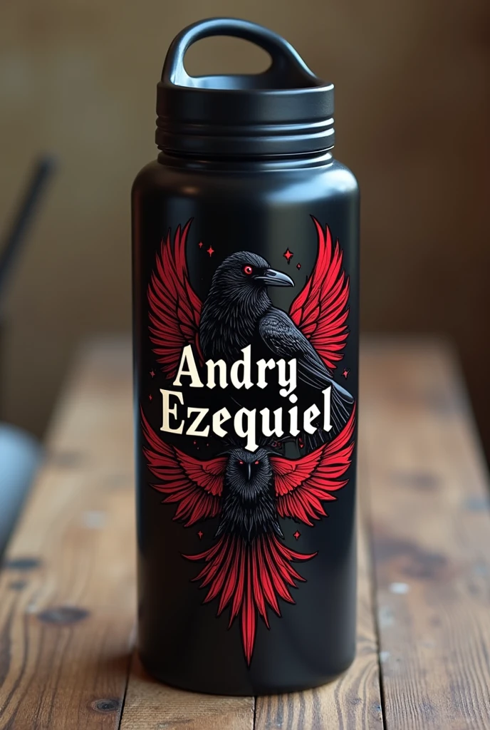 Create a personalized thermos with a black design and that has the name Andryezequiel and drawings of red and black crows. And the name that looks classic, that shows the name Andry among the crows.