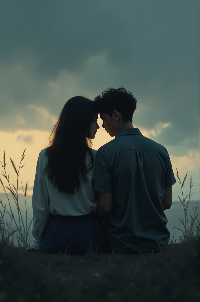 A woman siting with her fiance at the time of dawn. The sky is gloomy. They're seating closely. Make this pic From their back