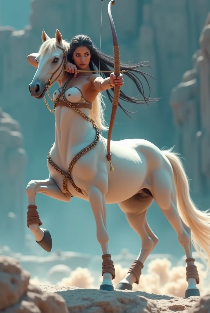 ((masterpiece, Highest quality, Best image quality, High resolution, Realistic, RAW Photos, 8k)), ((Highly detailed CG synthesis 8k wallpaper)), (Huge and stunning goddess shot, Very hot and sexy, Incredible beauty, Perfect Proportions, Beautiful body, Slim body beauty:1.4), Centaurs woman, Dark skin, dark fur, long black hair tied back, tits,, Jumping and preparing the bow,