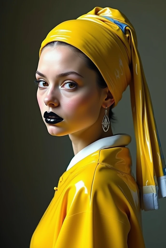 Create an image like Johannes Vermeer&#39;s painting, The girl with the pearl earring. She has a shiny yellow latex outfit., the turban on the head is made of shiny yellow latex, blue and white. The girl&#39;s lips are shiny black