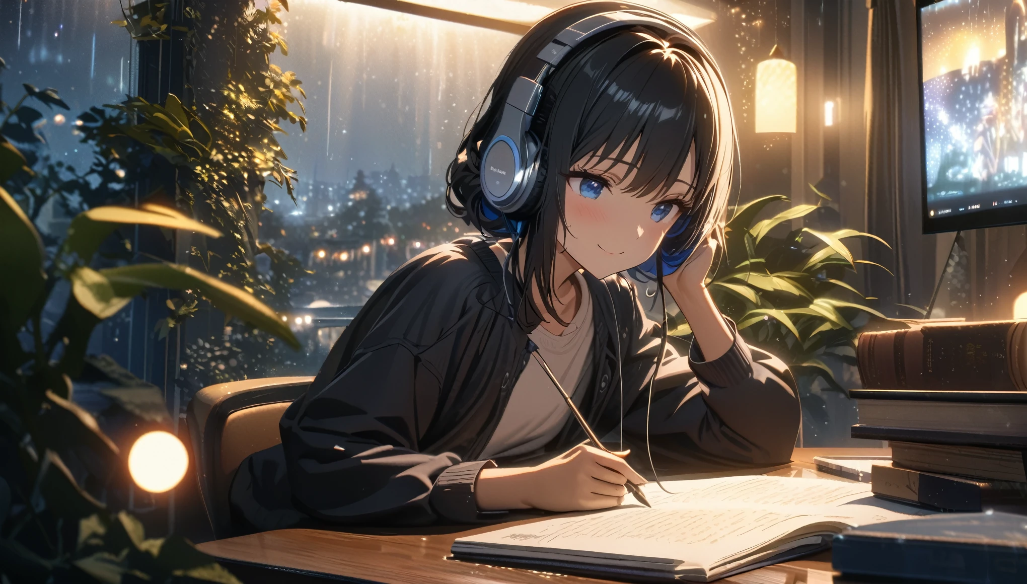 one girl, black short hair and bob hair, I tied my hair in a bun with a hair clip..、smile、beautiful blue eyes, gentle smile on her face、flat chest, one Beautiful girl,((masterpiece, illustration, best quality) ((ultra-detailed)),rainy night, a girl studying while listening to music with headphones, the night view is very beautiful with beautiful candle on her table. there are plants in the background, a beautiful night view with books and plants in the background with coffee on the desk,, 濃い青とBeautiful Blueのグラデーション, High resolution, 8K HD detail, hyper-detail, cinematic, surrealism, soft light, deep field focus bokeh, ray tracing and surrealism. --v6