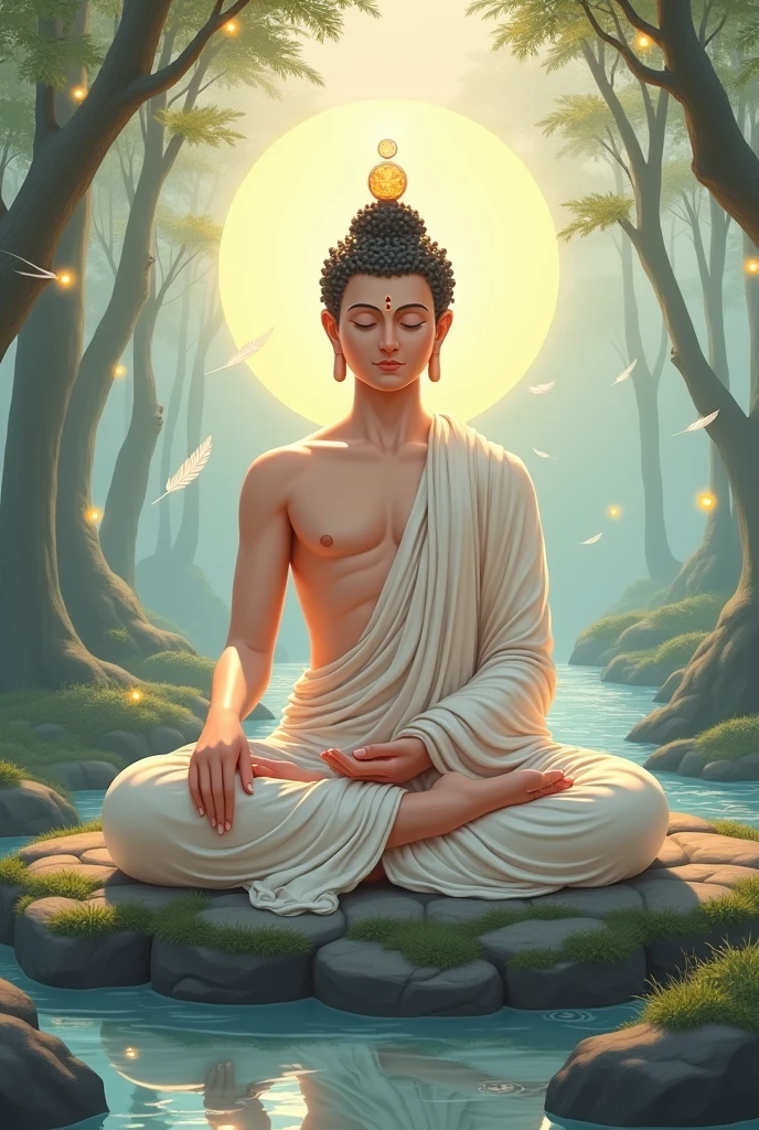 Illustration, buddha avec une toge qui recouvre son epaule gauche et qui passe sous sons bras droit, representztion des 7 chakras au dessus de la tete de buddha, avec des couleurs pastels, nature, zen, meditation, structurer, pissentils volant, plumes, ruisseau