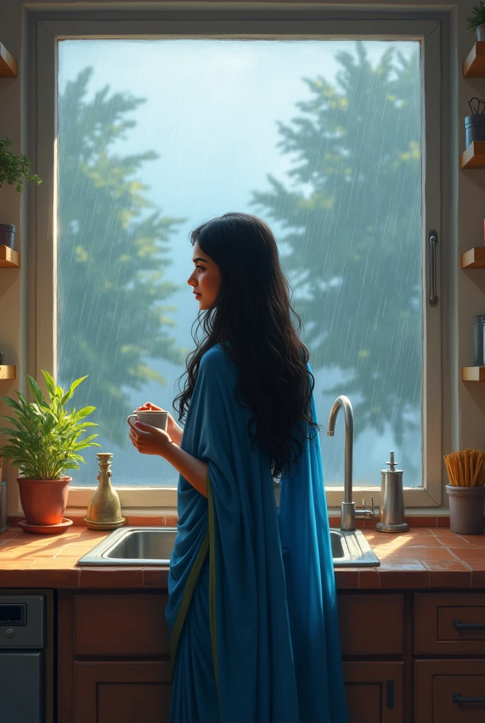 Una sola chica india de 25 años con Long hair usando sari en su cocina, big window, Long hair, dressed comfortably, looking through the window, thoughtful, pink lips, Rainy day, Cup of coffee, blue clothes