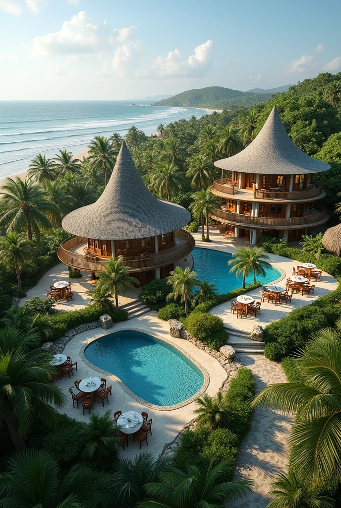 make an 2 building environment-friendly with a philippine-native vibe hotel. one is for standard and has 6 rooms. and the other is for deluxe and have 4 rooms. each rooms in the building consists own balcony with a table intended for in-room dining experience to appreciate the nature around. make it typhoon-proof, facing the beach, the roof is cone-shape like hut but have a modern aesthetic design. a function-hall in the side of the two building, with a small kiosk for a mini bar and handcrafted souvenir. it should be sorrounded by yard and plants, with pool. it should give justice to our concept semi-eco-friendly hotel. siargao vibe. make it bigger and please add more rooms.
take note: 2 buildings only.
make the photo landscape. if you know Biri, Northern Samar ot should be located in it.