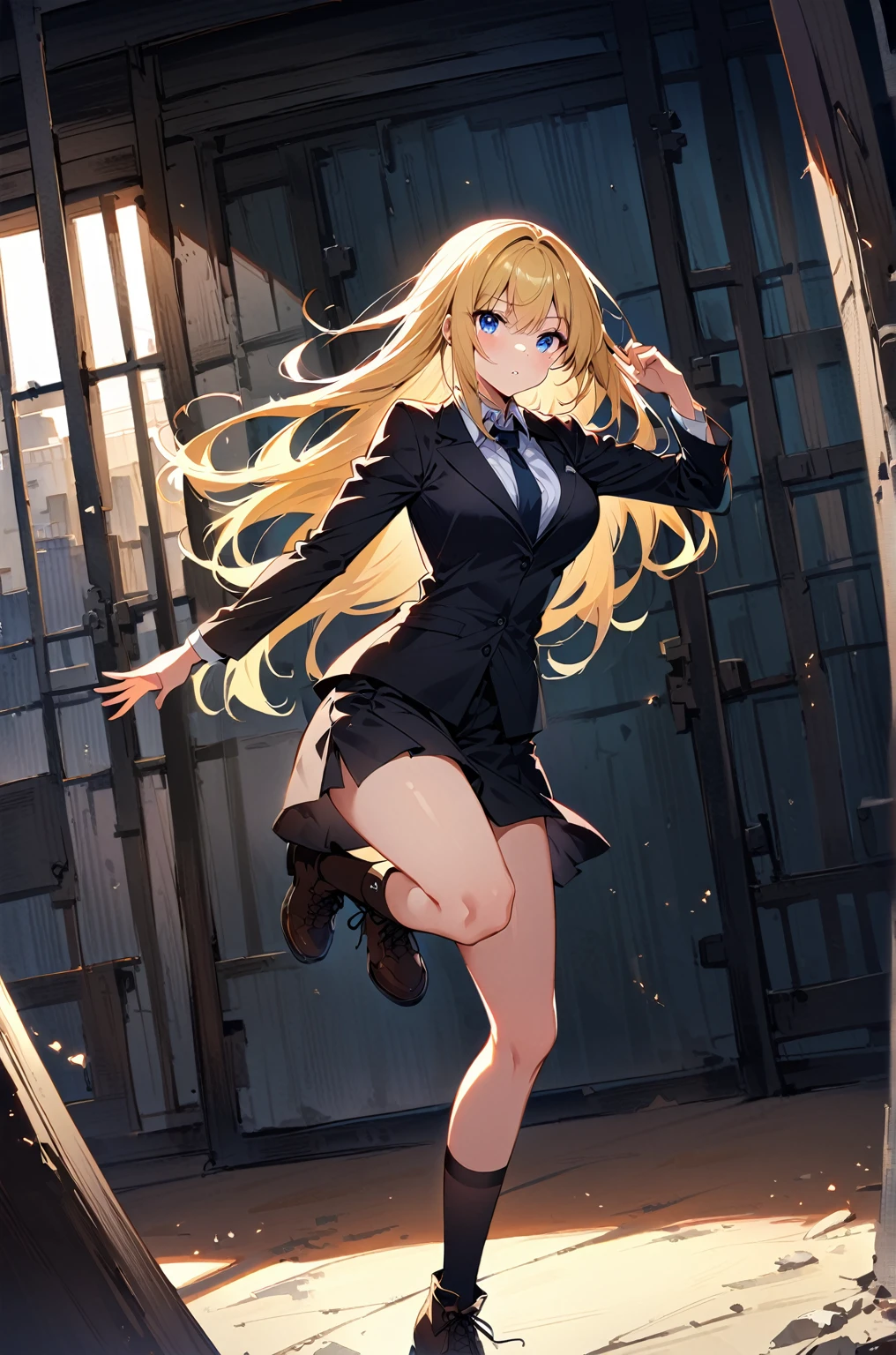 A young woman stands in front of a prison, bright blonde long hair, standing in the prison office, dark blue eyes, prison background,wearing black suits,((dynamic angle)),((dynamic pose)),