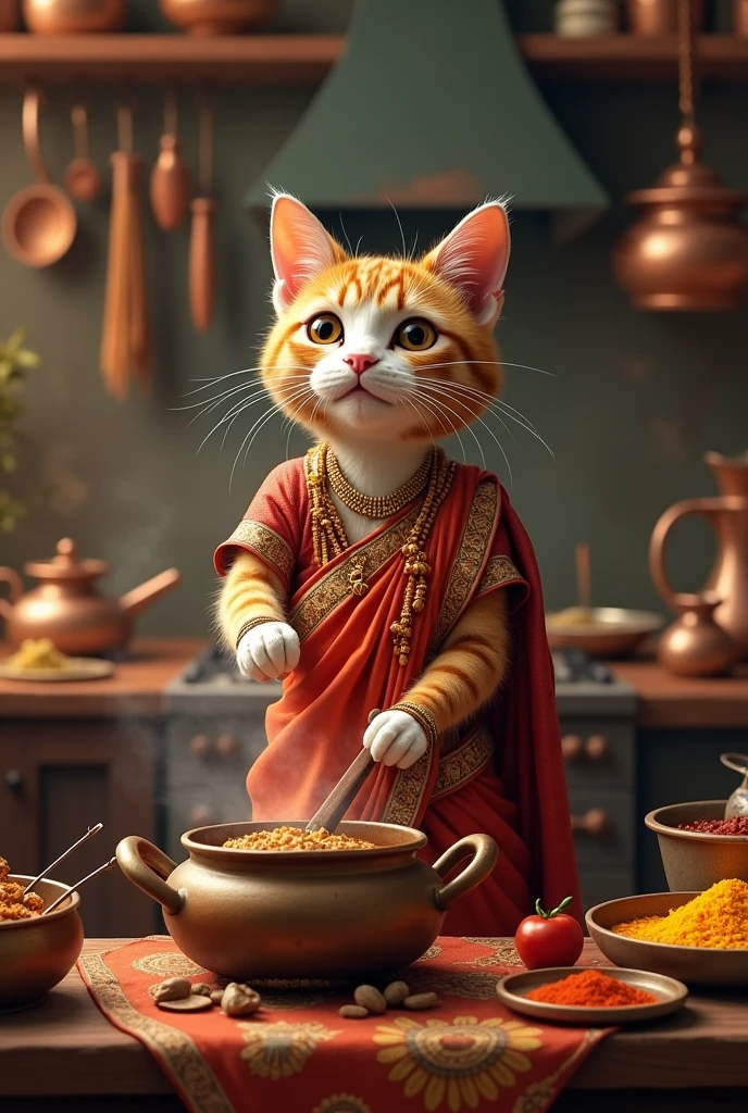 A cat standing on two legs, wearing a vibrant Indian saree, cooking in a rustic kitchen filled with spices, copper pots, and traditional utensils. The cat’s paws are stirring a pot, while the kitchen is adorned with Indian decor, showcasing a warm, earthy atmosphere.