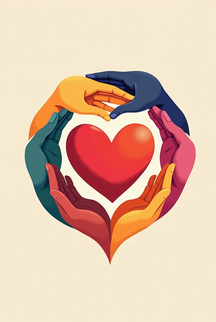 Drawing of a heart surrounded by hands of different colors, as if each hand was caring for or hugging it, symbolizing love in diversity, Colourful and eye-catching protection and bonding for children aged 4 years and up