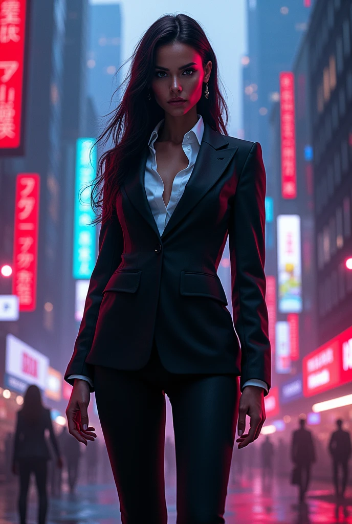 A hyna standing opposite to pub wearing corporate costume in neon city in red and blue light