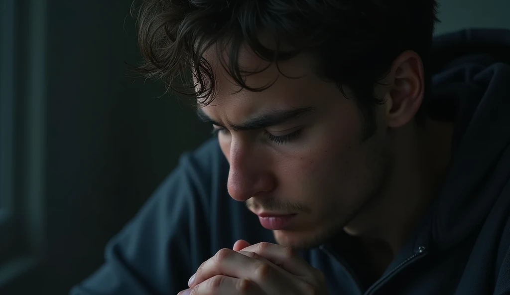 A close-up of a young man with closed eyes, sitting in prayer, his face tense with the effort to stay focused. His surroundings fade into darkness, with darkers spirits around he, with only a faint light illuminating his face, symbolizing distraction and spiritual struggle. Thoughts interrupt his concentration, creating a subtle visual distortion in the borders of shot. {Lucifer style's} Tight framing on the face, low-key lighting, deep contrast. (landscape)