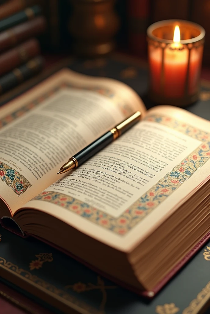 a beautiful open book with pen writing, colorful stationery, elegant logo design, minimalist style, intricate details, symmetry, geometric patterns, sophisticated, warm tones, (best quality,4k,8k,highres,masterpiece:1.2),ultra-detailed,(realistic,photorealistic,photo-realistic:1.37)