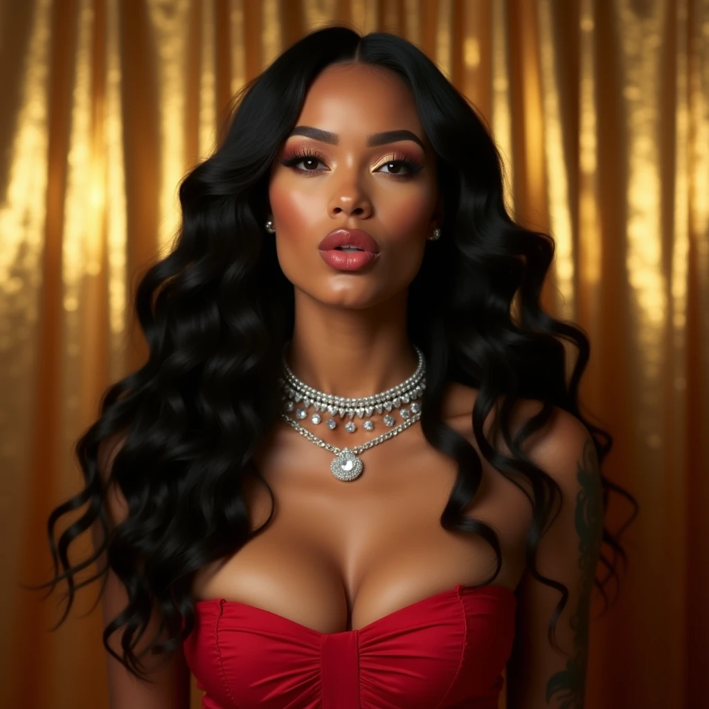 a natural white female, with long wavy black hair, lashes, plump lips, diamond chain, tattoos, flawless eyebrows, wearing a red strapless dress, doin whatever blowing a kiss at a photoshoot with a gold backdrop, cameras flashing, 24K HD 