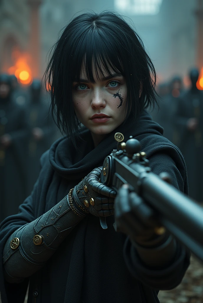 Pale girl with short black hair, From the Middle Ages, realisitic, blue colored eyes, dark clothes with detailed steampunk robotic arm prosthesis, holding a flintlock pistol with a pentagram symbol, cut on the face, the night, in the background an angry religious group with fire behind, detaileds