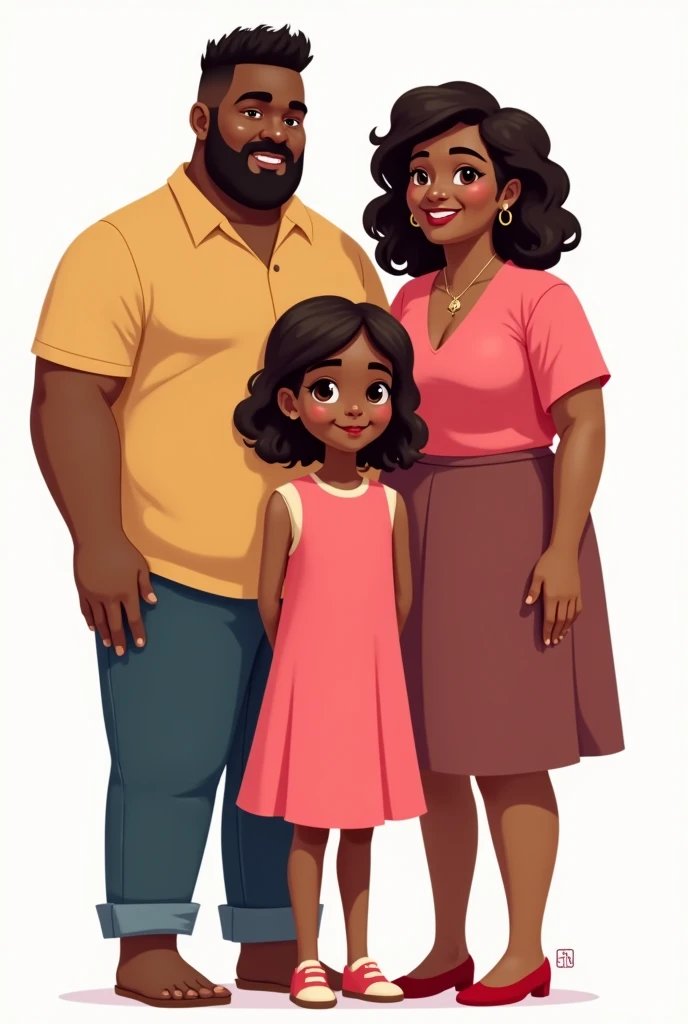 A 2D drawing of a brunette girl with short, loose hair wearing a pink dress and a transparent background and her family where her dad is chubby and dark-skinned and her mom is skinny and dark-skinned with a skirt and shirt and her younger, dark-skinned brother 