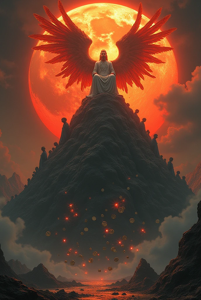 Imagine a mountain made of human bodies with a fiery angel sitting on top of that mountain while it rains coins with the face of Caesar the emperor, in the background a blood lunar eclipse and a watermark with the image of the pagan deity the pig god
