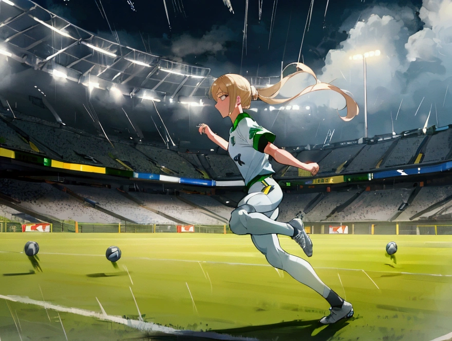 work of art, Maximum quality, 8k, cg-style, extremely detaild, high resolution, hyper-realistic skin texture, RAW Photos, best qualityer, highy detailed. break. An intense football scene with a single player (blonde, hair tied in a ponytail, wearing a completely white football uniform, confrontation, concentrated, eyes fixed on the ball, preparing for a powerful kick), break, fund (packed stadium, fans cheering, grama verde, stadium lighting highlighting the player, cloudy weather with light drizzle), break, dynamic perspective (low angle focused on the player and the ball), motion capture (action at the moment of the kick, details of strength and speed), medium shot, focus on the intensity of the moment)