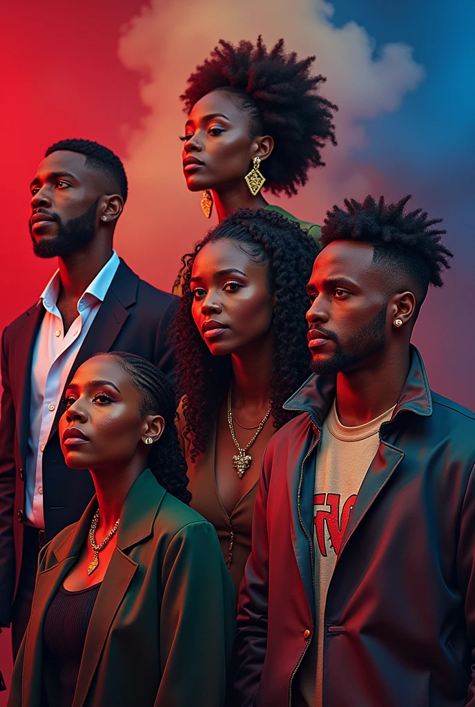 (photorealism:1.2), J'ai fait un concours de talent pour aider ma communauté où 6 artiste qui sont 2 chanteurs, un slameur et un portraitiste qui vont honorer 4 artistes Haïtien: Mikaben, Woody Roodboy, BIC et Blaze One. FAIS Moi une image pour la mignature youtube stp