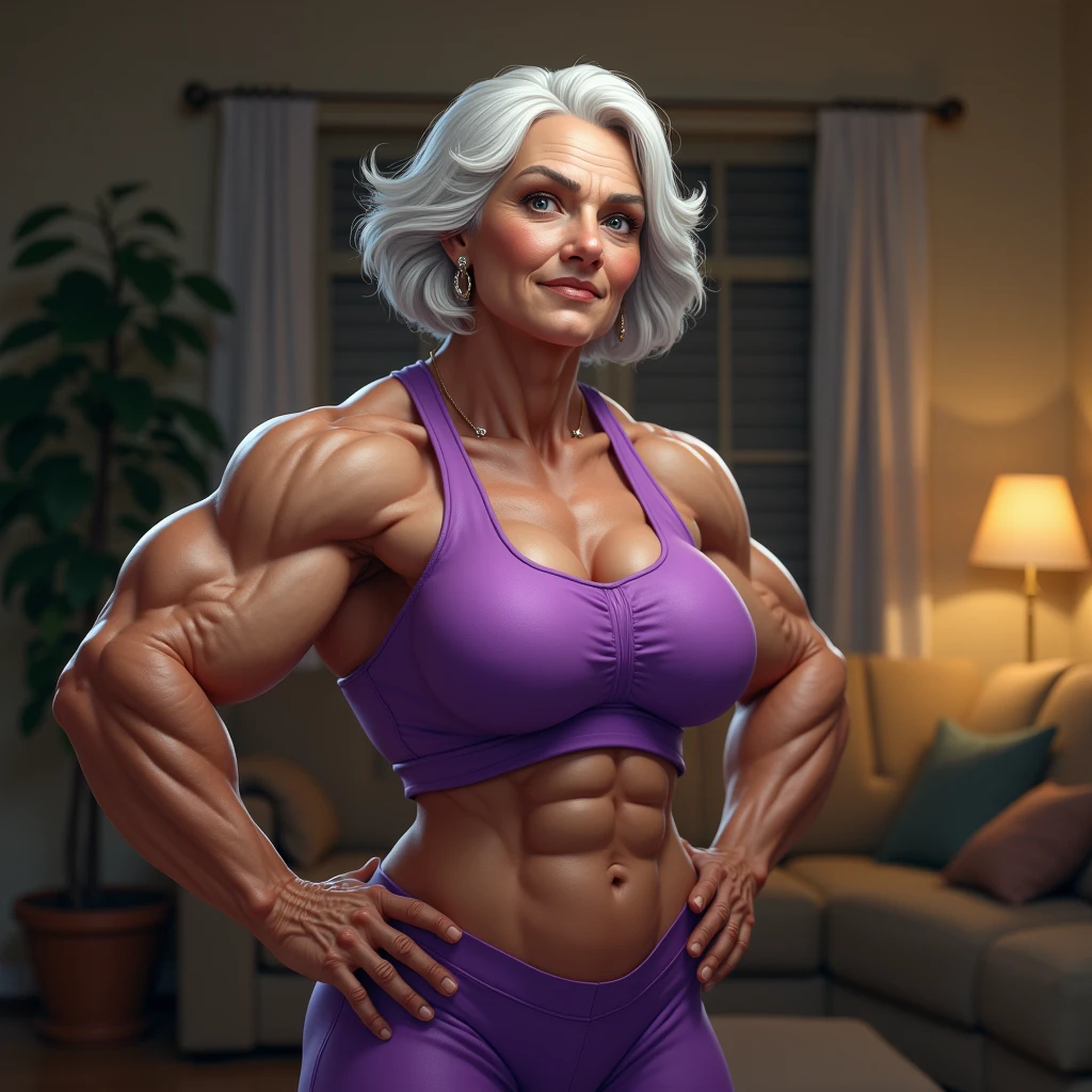 An elderly female bodybuilder with short white shoulder length hair, displaying even larger and more exaggerated muscles, with the veins standing out clearly on his skin. Wear purple fitness clothes, highlighting his impressive strength and muscle definition. background, the living room of a house is located, adding a homely touch to the contrast with its powerful presence.