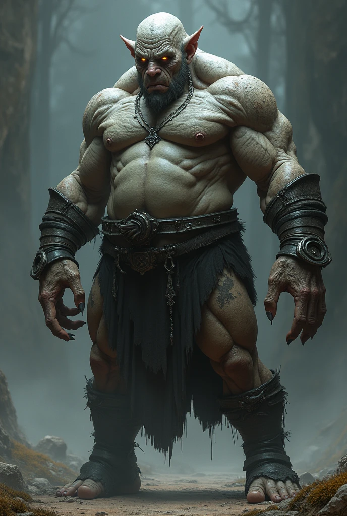 name: Grimnir Appearance: Grimnir is a humanoid illusionist with the robust appearance of a troll.. He has thick, grayish skin., marked by scars and deep wrinkles, that seem to reflect their long experience. Your body is muscular and powerful, with long and disproportionate arms and legs, typical of a troll, giving him impressive physical strength. He has no hair at all, his head is completely smooth and his expression is stern, with small, piercing eyes that shine with cruel intelligence. Your face is wide, with a flat nose and fangs that project slightly from its lower jaw.