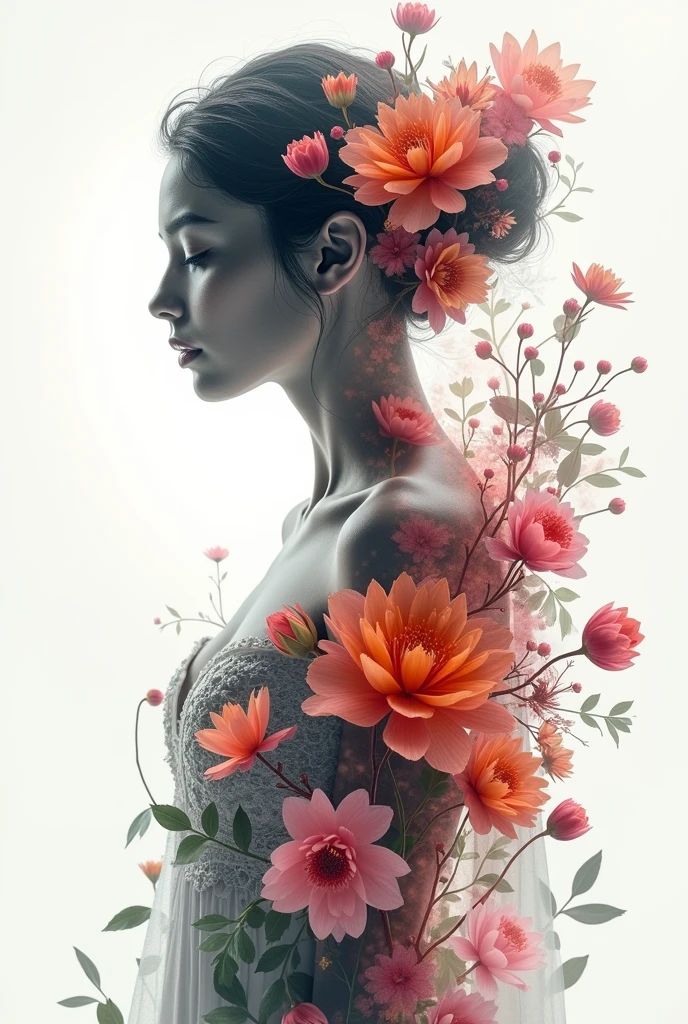 high quality, 8K Ultra HD, A beautiful double exposure that combines an goddess silhouette with multicolor flowers, multicolor flowers should serve as the underlying backdrop, with its details incorporated into the goddess , crisp lines, The background is monochrome, sharp focus, double exposure, by yukisakura, awesome full color,