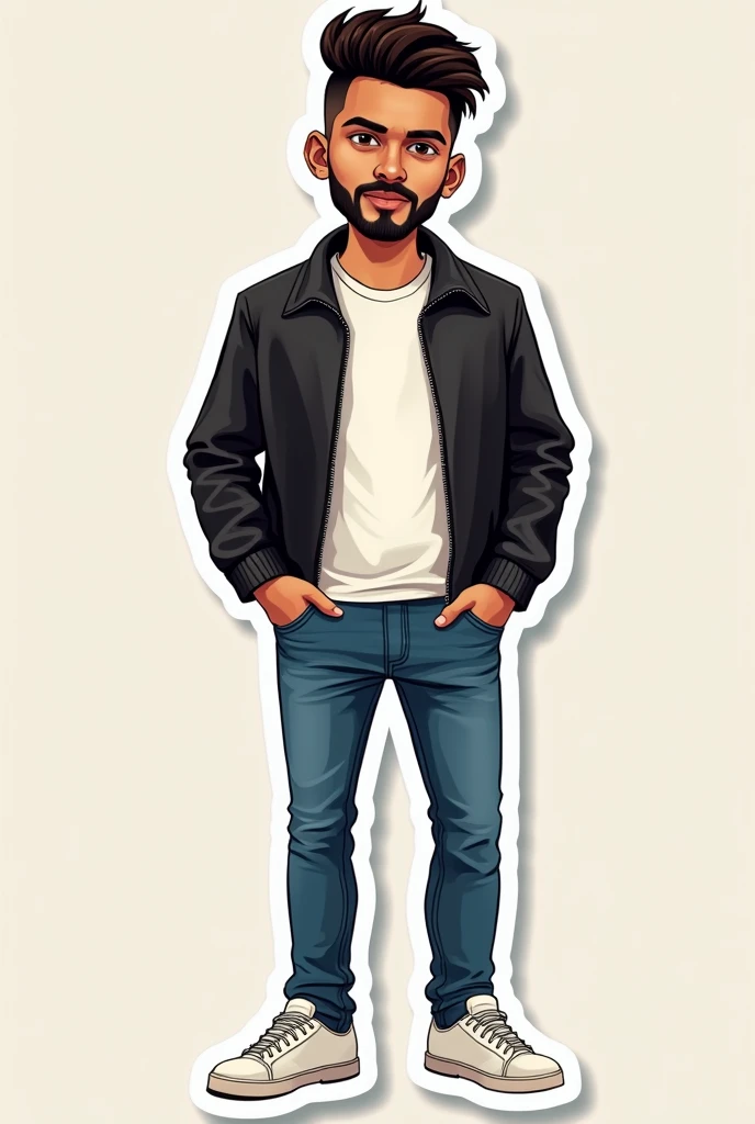 I want to recreate a photo of myself I am 3. I am male. My hair is black and dark brown eyes. My features are a little Indian but not so marked.. I have very short hair and wear a beard. For clothes I would like blue jeans, White T-shirt, black leather jacket and white tennis shoes, The hair should be very very short and the image should be like a sticket. That looks like a half cartoon, the hair should be almost shaved.  