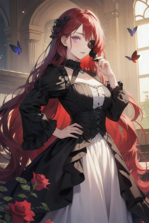 Cold girl, wearing gothic dress, red butterflies, very long red hair, purple eyes, rose eye patch