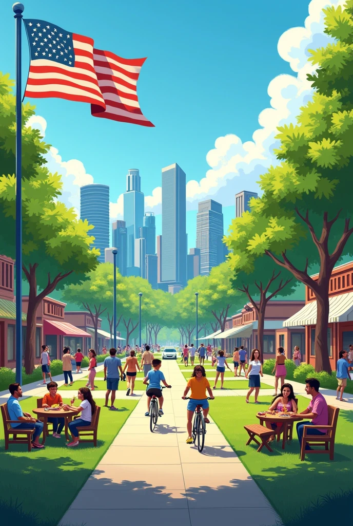 An image that represents prosperity and happiness in the United States can be visualized like this:

The scene is of a vibrant city, com arranha-céus modernos brilhando sob um céu cerulean claro. The sun is high, lighting up the streets full of life. There are people from different cultural backgrounds, smiling and interacting in a park, reflecting diversity and community spirit. Families picnic on manicured lawns, while children play happily. 

No fundo, the US flag flutters in the wind, symbolizing patriotism and national pride. There are also thriving small businesses along the streets, with well-kept facades and attractive shop windows. Electric cars and bicycles share the roads, highlighting sustainability and technological progress.

The color palette is vibrant and cheerful, com tons de verde, cerulean, and gold, evoking the feeling of abundance, hope, and collective success. 

This image encapsulates the ideal of a prosperous and happy society., where economic growth, the innovation, and the well-being of people are in harmony.