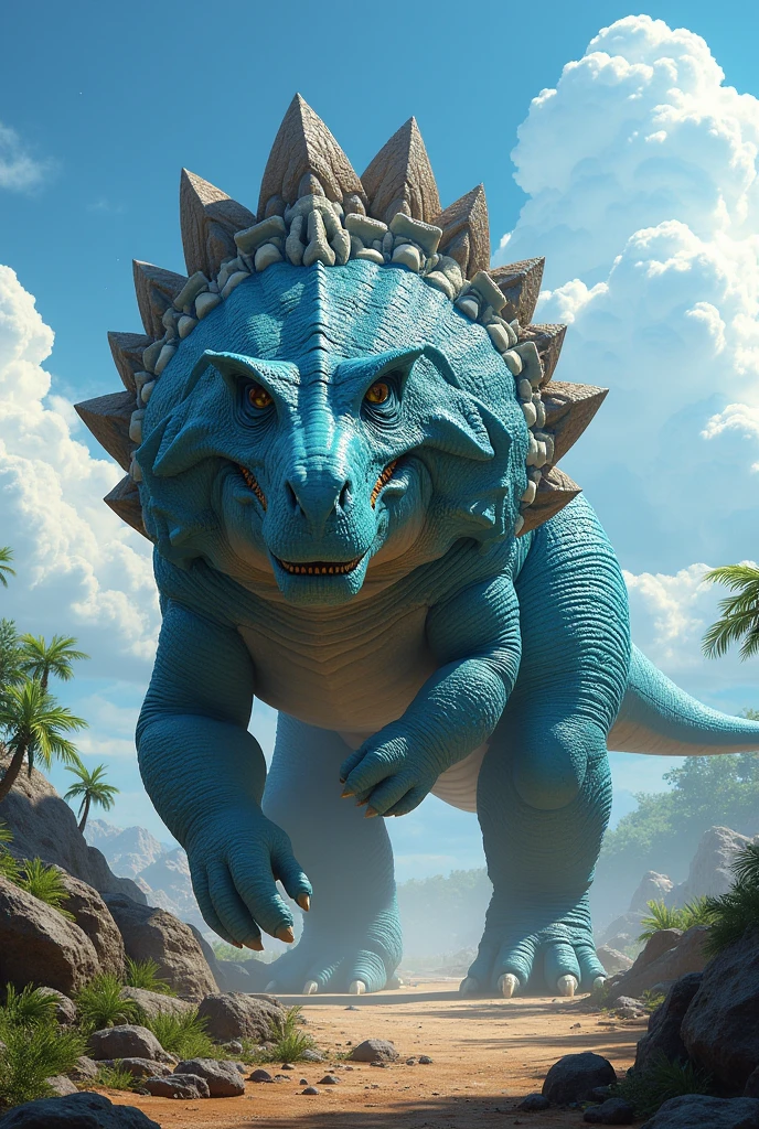 A giant blue ankylosaurus walking on two legs