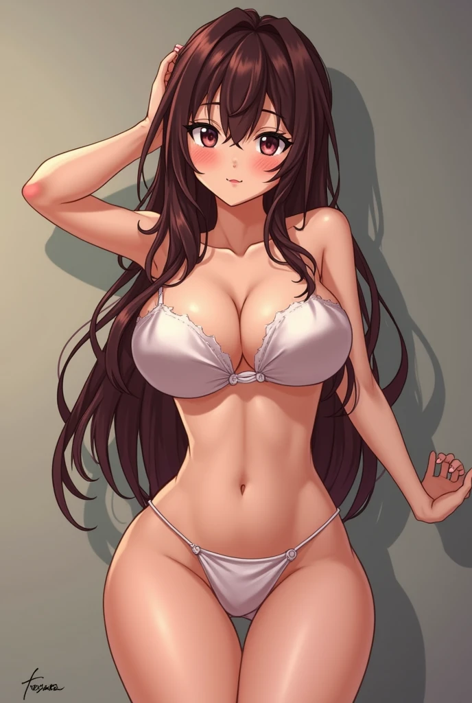 A sexy young girl, anime style with big breasts and a giant naughty and hot ass she is totally naked without any clothes showing every part of her she is doing a sexy pose like this showing even more 