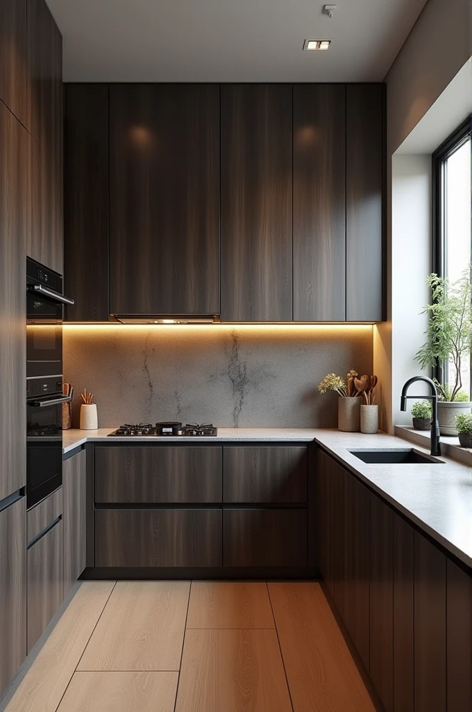 Contemporary fitted kitchen, dark freijo wood panel , medium window looking out , in the northeast of Brazil , ultra realistic render , 8k , ultra-realistic , photo realist .