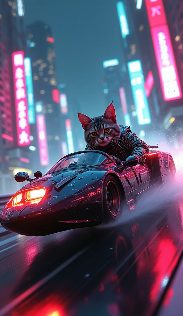 A cat drives a cyberpunk style car at speed