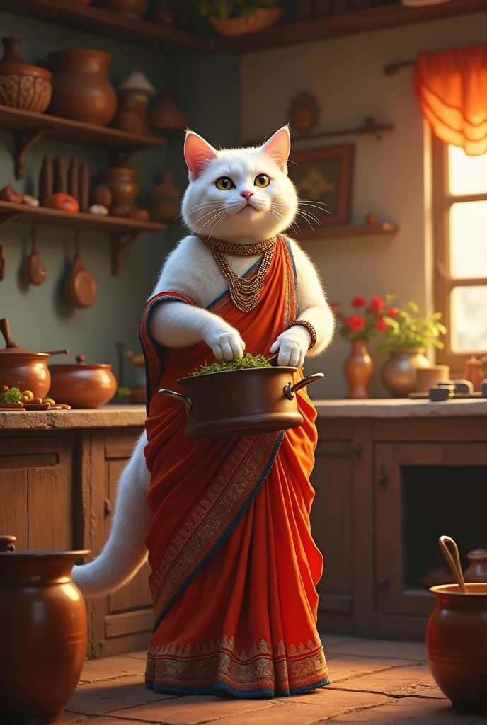 A whie cat standing on two legs, wearing a vibrant Indian saree, cooking in a rustic kitchen filled with spices, copper pots, and traditional utensils. The cat’s paws are stirring a pot, while the kitchen is adorned with Indian decor, showcasing a warm, earthy atmosphere.

